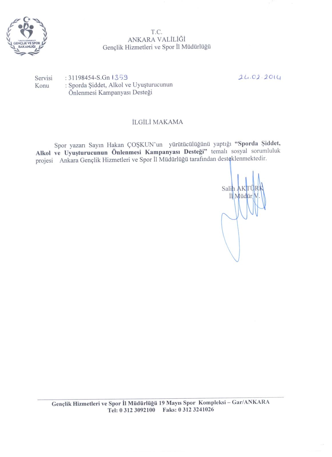 Ankara Valiliği destek belgesi