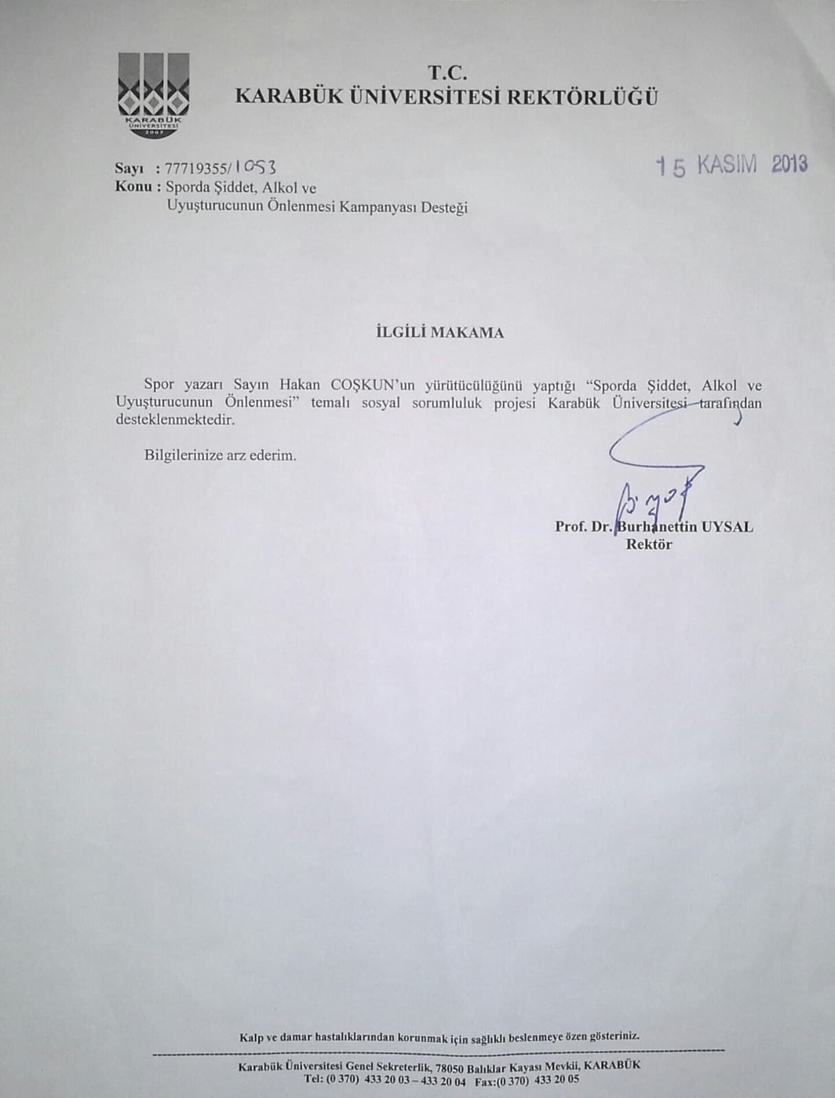Karabük Üniversitesi destek belgesi