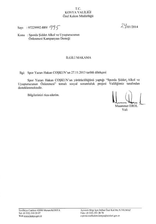 Konya Valiliği destek belgesi