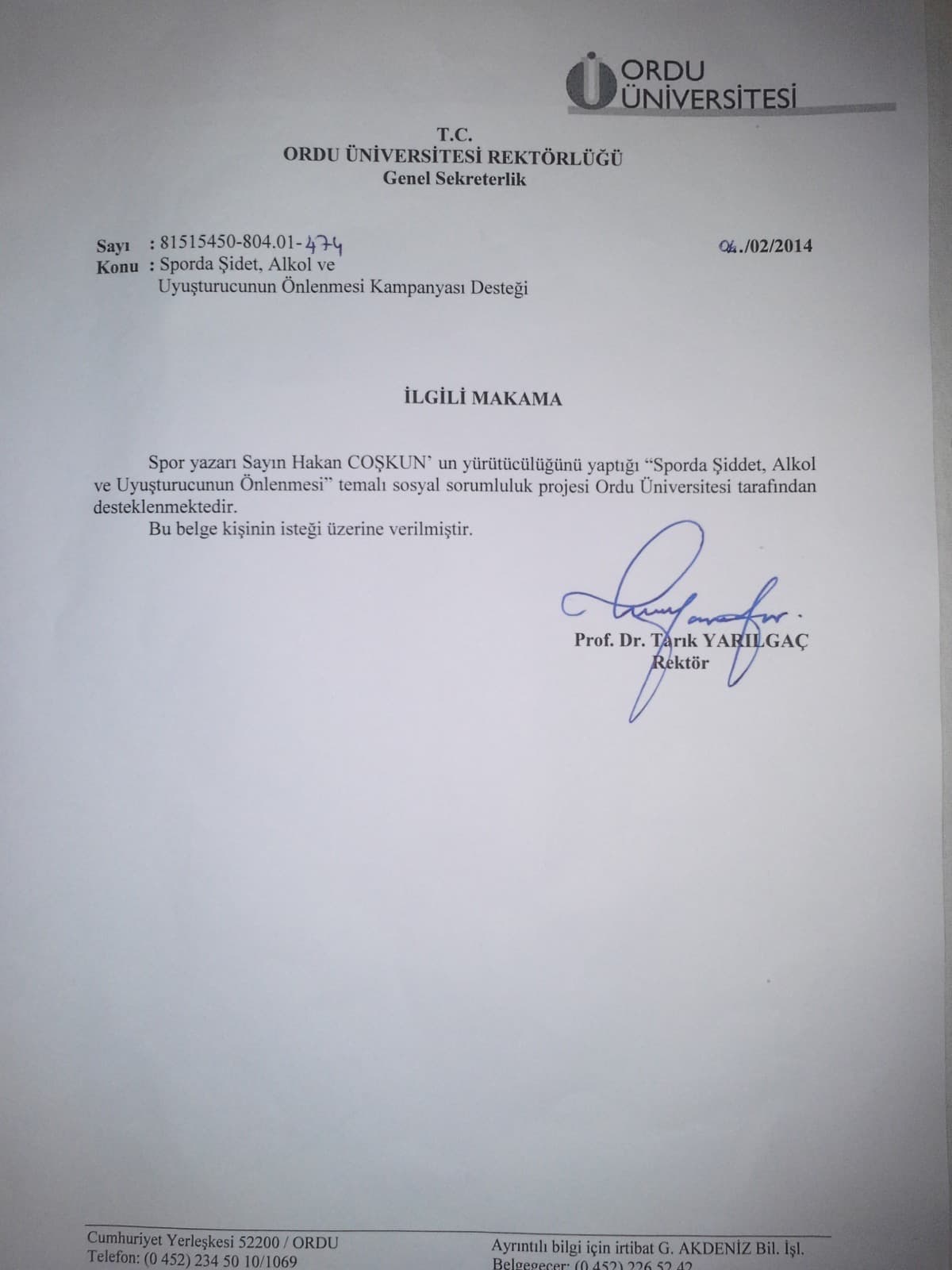 Ordu Üniversitesi destek belgesi