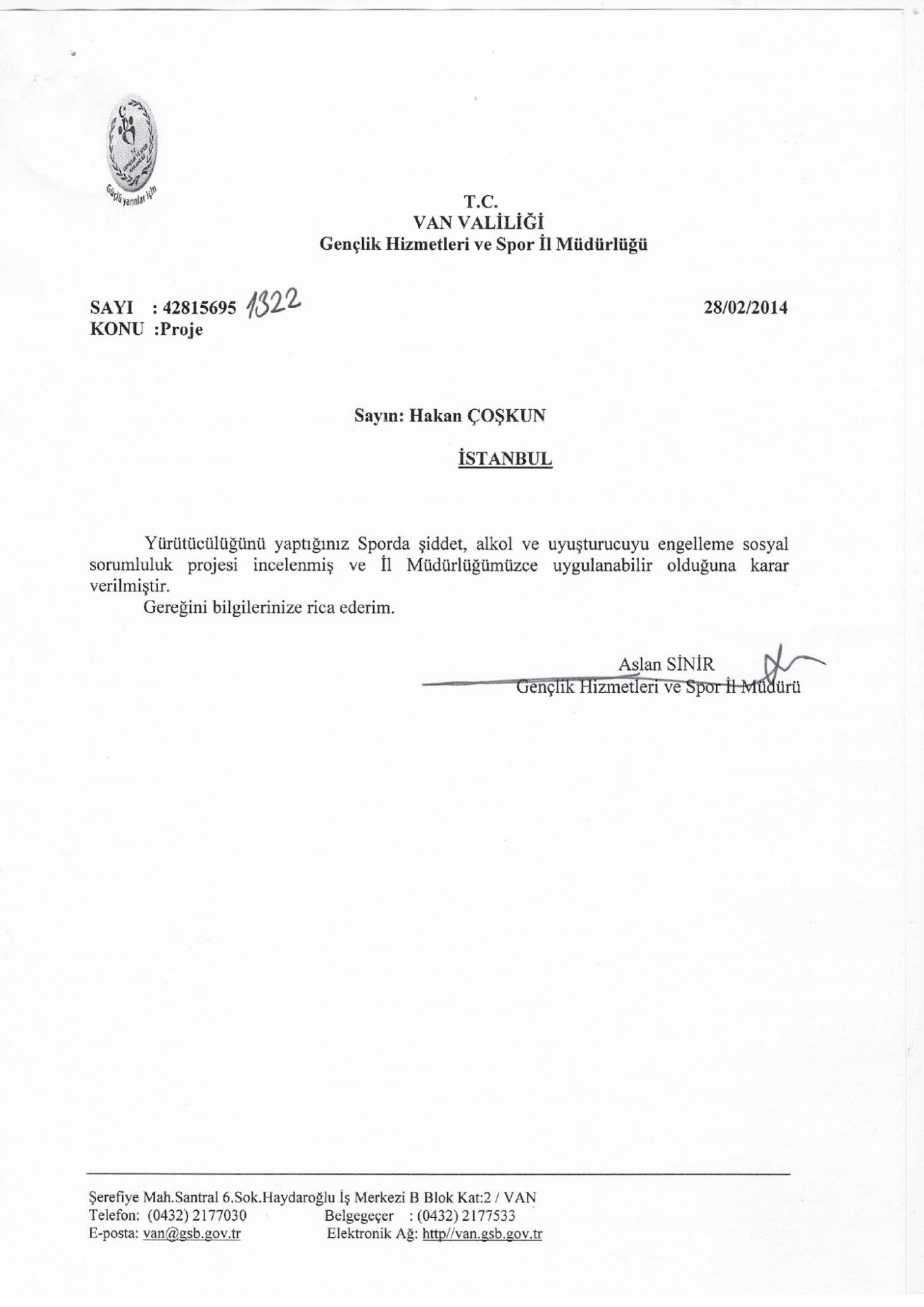 Van Valiliği destek belgesi