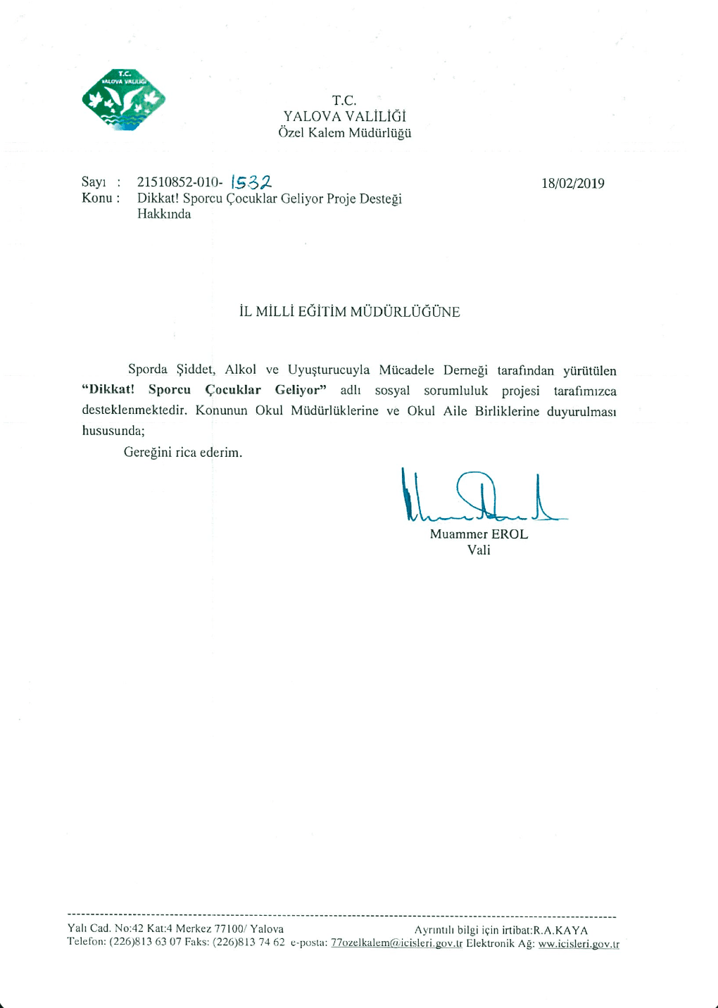 Yalova Valiliği destek belgesi
